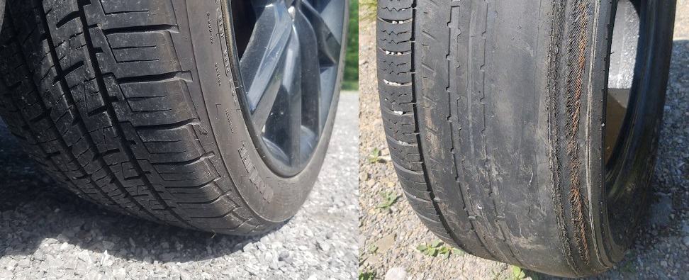 New and bald tires side by side