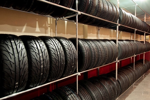 Tires displayed on a sale rack