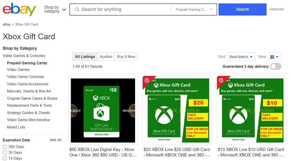 Xbox gift cards on Ebay